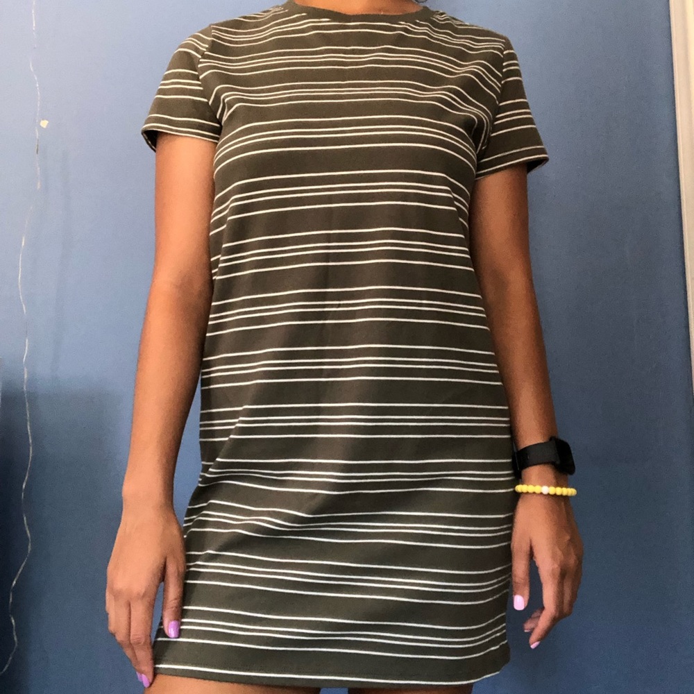 Olive Green/White Striped T-Shirt Dress